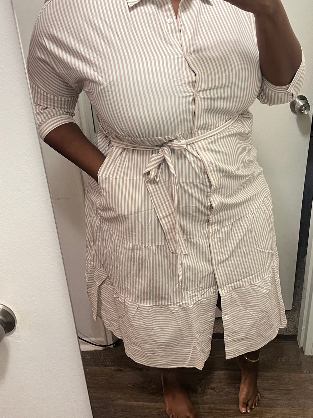 Striped Button-Front Shirt Dress with Tie Waist